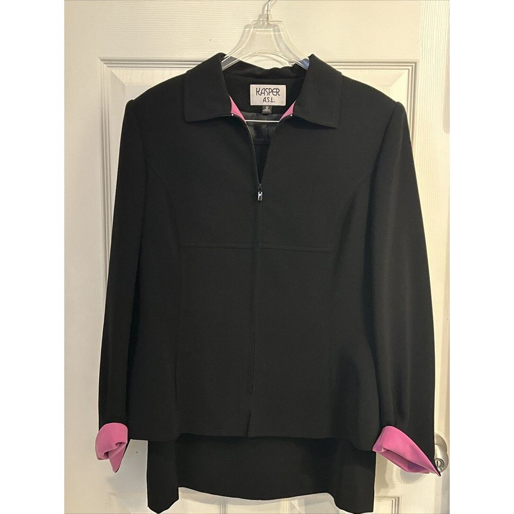 Kasper‎ ASL Skirt Suit Size 12 Black Pink Satin Lapel Slit Bracelet Cuff Lined